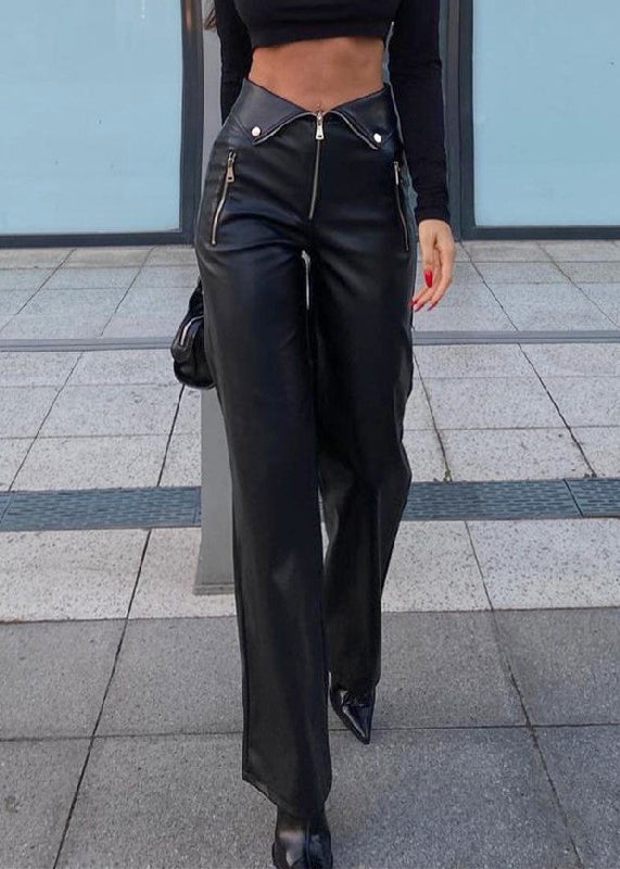 French Black Zip Up High Waist Faux Leather Pants Spring Yt038