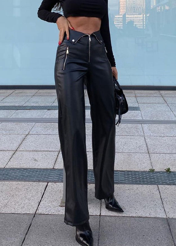 French Black Zip Up High Waist Faux Leather Pants Spring Yt038