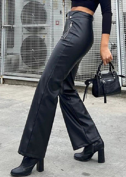 French Black Zip Up High Waist Faux Leather Pants Spring Yt038