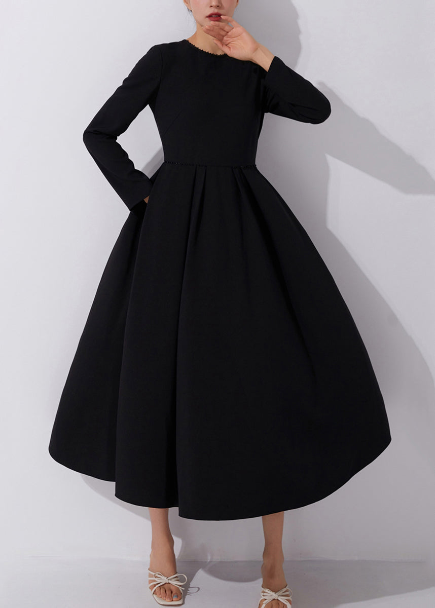 French Black Zippered Nail Bead Long Dresses Fall Am1017