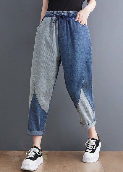 French Blue Asymmetrical Patchwork Drawstring Elastic Waist Denim Crop Pants Spring Ac2062