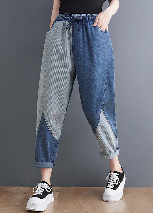 French Blue Asymmetrical Patchwork Drawstring Elastic Waist Denim Crop Pants Spring Ac2062