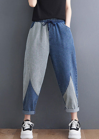 French Blue Asymmetrical Patchwork Drawstring Elastic Waist Denim Crop Pants Spring Ac2062