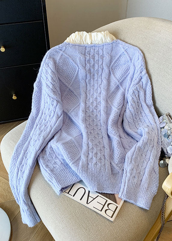French Blue Bow Patchwork Knit Sweaters Tops Fall Ql059