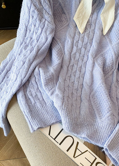 French Blue Bow Patchwork Knit Sweaters Tops Fall Ql059