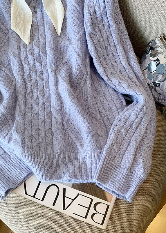 French Blue Bow Patchwork Knit Sweaters Tops Fall Ql059