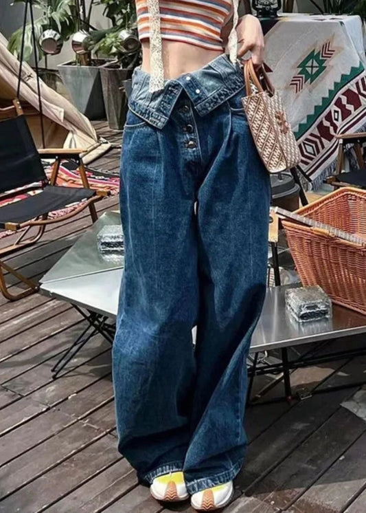 French Blue Button High Waist Denim Pants Summer Aw1017