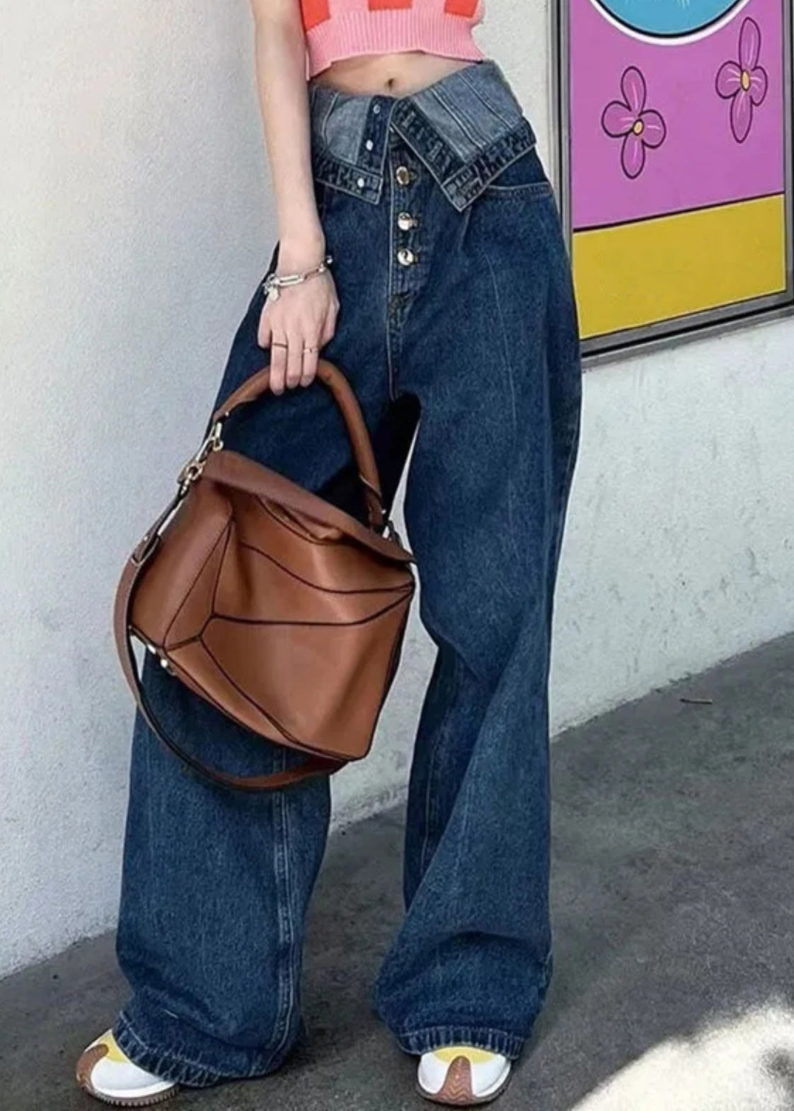 French Blue Button High Waist Denim Pants Summer Aw1017