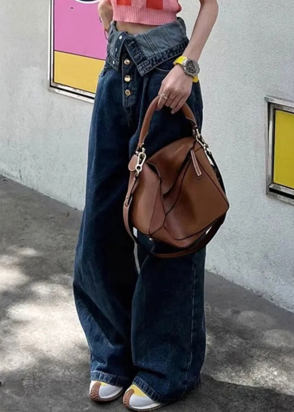 French Blue Button High Waist Denim Pants Summer Aw1017
