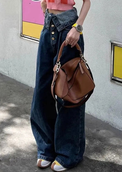 French Blue Button High Waist Denim Pants Summer Aw1017
