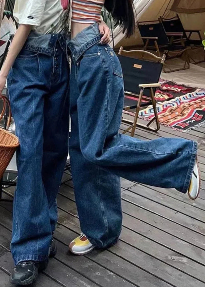 French Blue Button High Waist Denim Pants Summer Aw1017