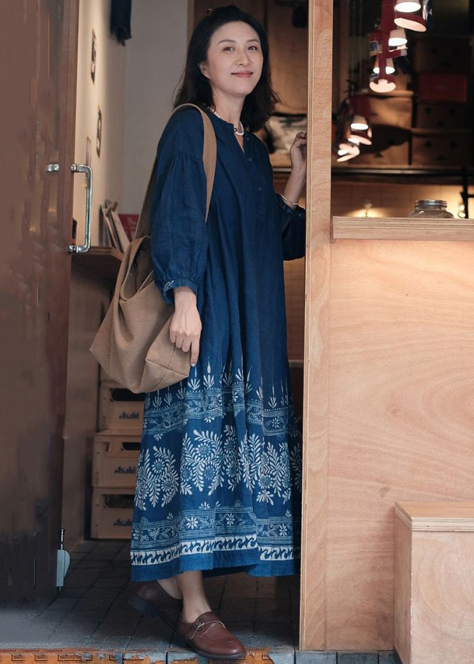French Blue Button Print Maxi Dresses Long Sleeve Mn054