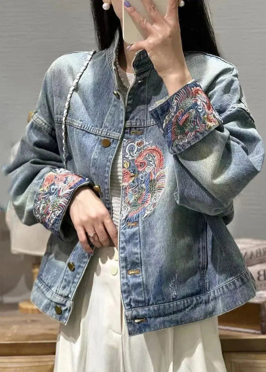 French Blue Embroidered Button Denim Coats Spring Cg1031