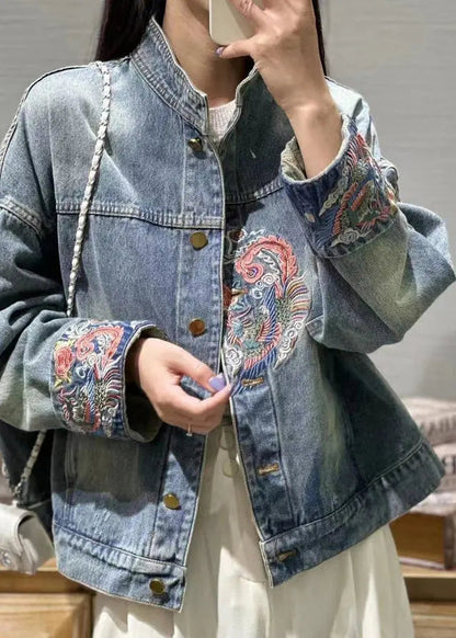 French Blue Embroidered Button Denim Coats Spring Cg1031