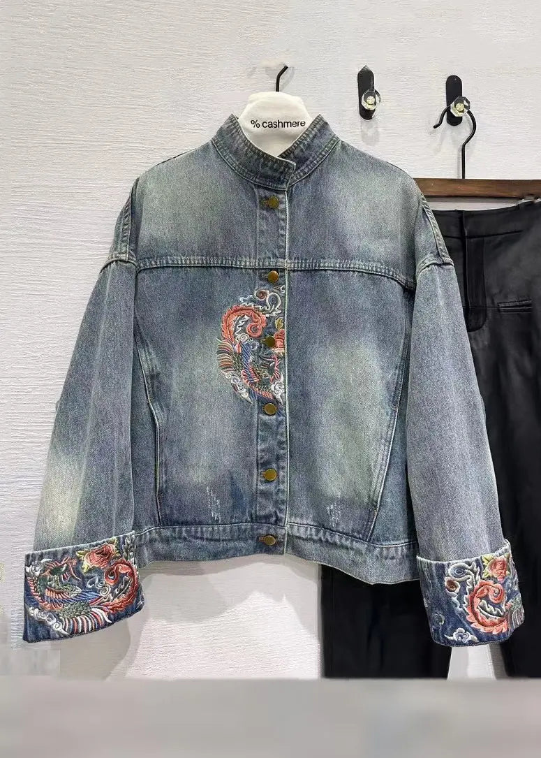 French Blue Embroidered Button Denim Coats Spring Cg1031