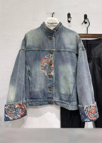 French Blue Embroidered Button Denim Coats Spring Cg1031
