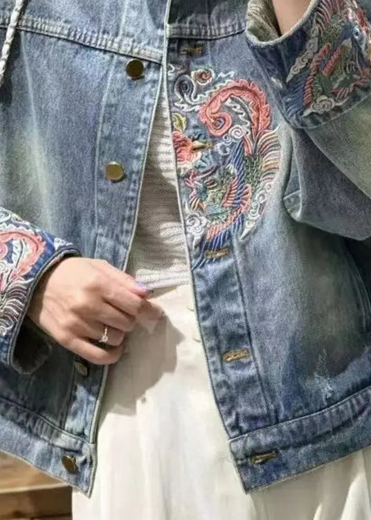 French Blue Embroidered Button Denim Coats Spring Cg1031
