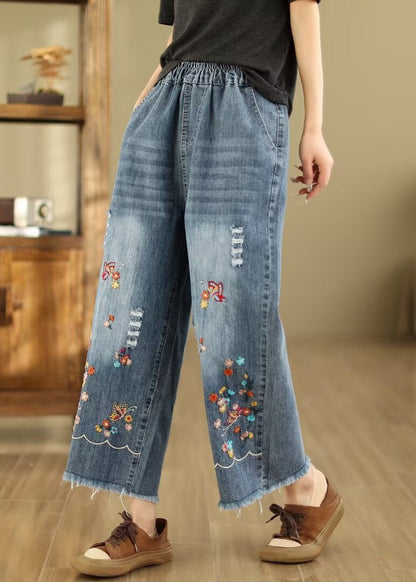 French Blue Embroidered Elastic Waist Denim Crop Pants Summer Qa1095