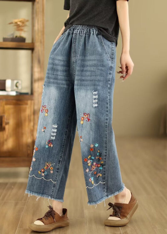 French Blue Embroidered Elastic Waist Denim Crop Pants Summer Qa1095