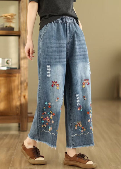 French Blue Embroidered Elastic Waist Denim Crop Pants Summer Qa1095