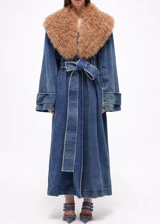 French Blue Fur Collar Tie Waist Denim Long Coats Winter Wy017