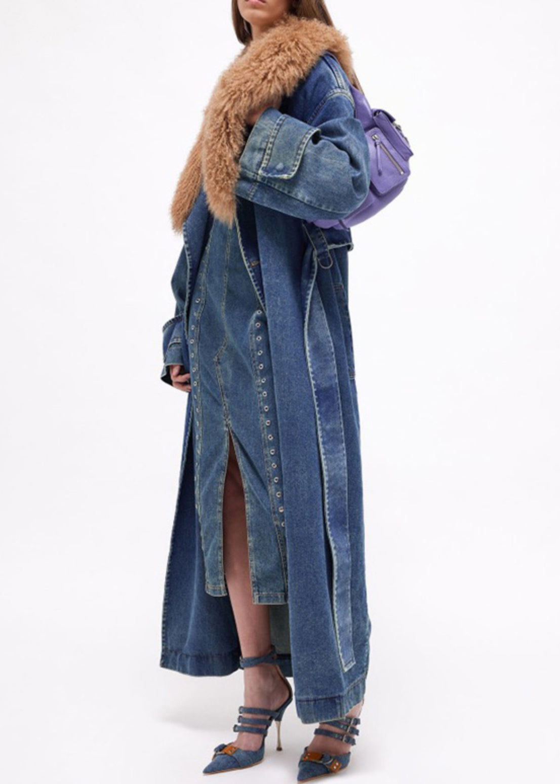 French Blue Fur Collar Tie Waist Denim Long Coats Winter Wy017