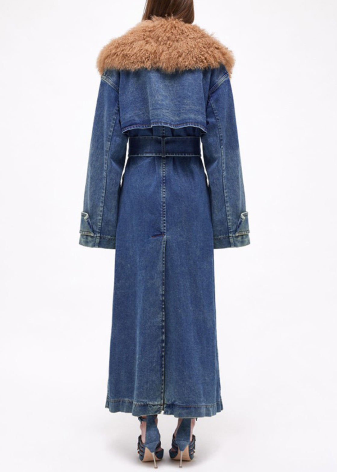 French Blue Fur Collar Tie Waist Denim Long Coats Winter Wy017