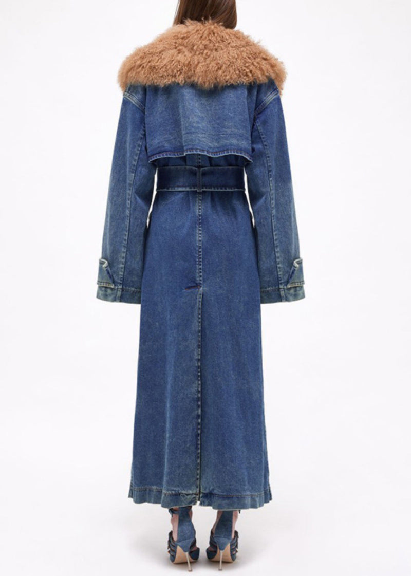 French Blue Fur Collar Tie Waist Denim Long Coats Winter Wy017