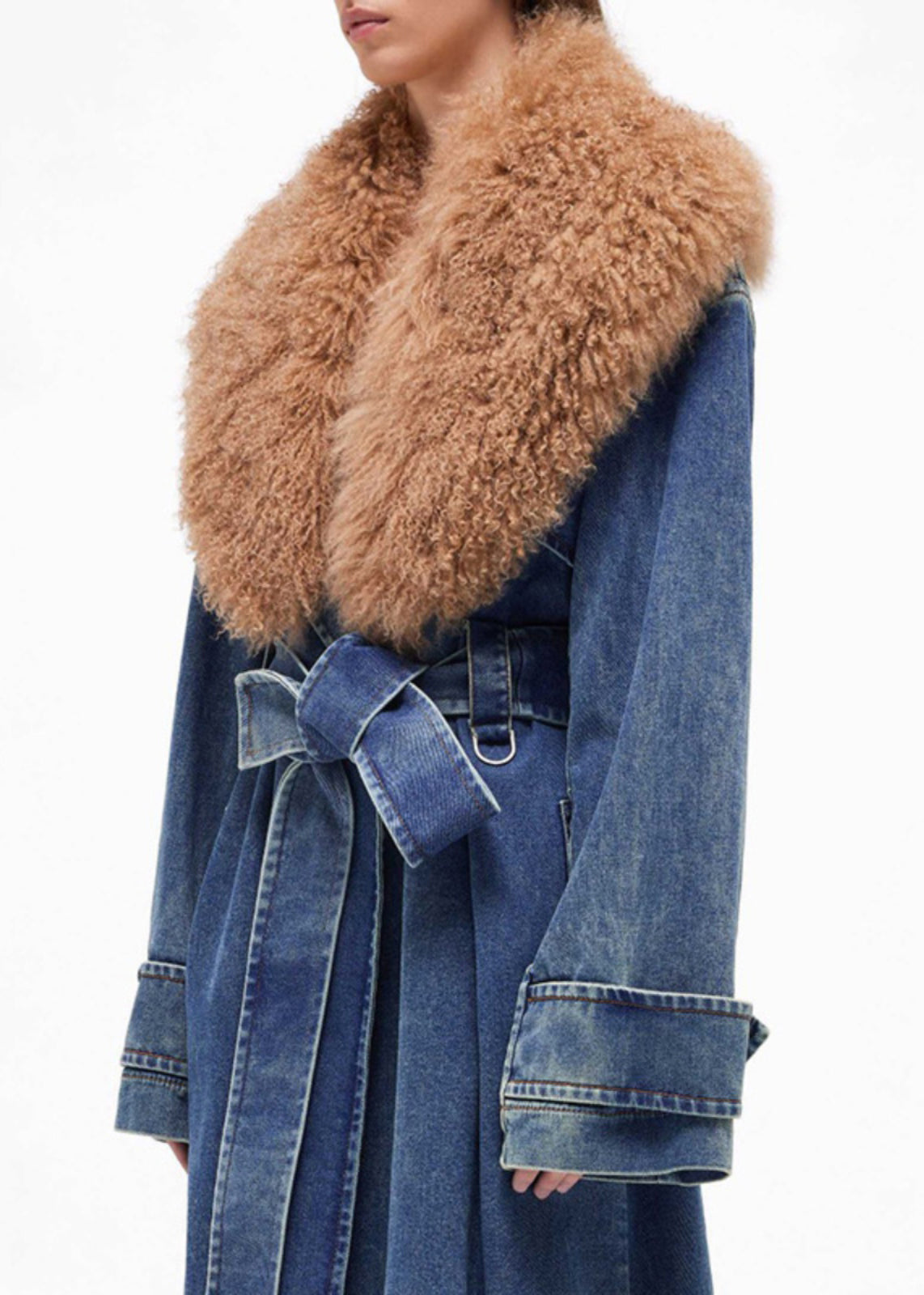 French Blue Fur Collar Tie Waist Denim Long Coats Winter Wy017