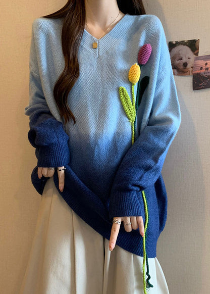 French Blue Gradient V Neck Decorated Knitted Sweaters Winter Rg037