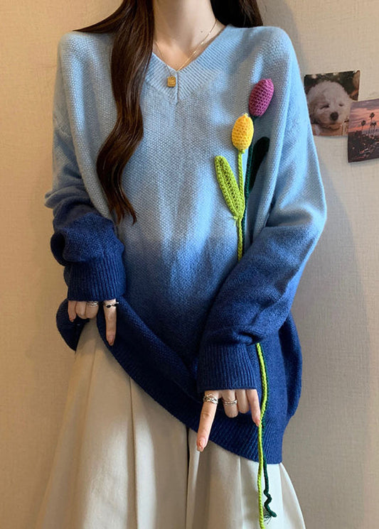 French Blue Gradient V Neck Decorated Knitted Sweaters Winter Rg037