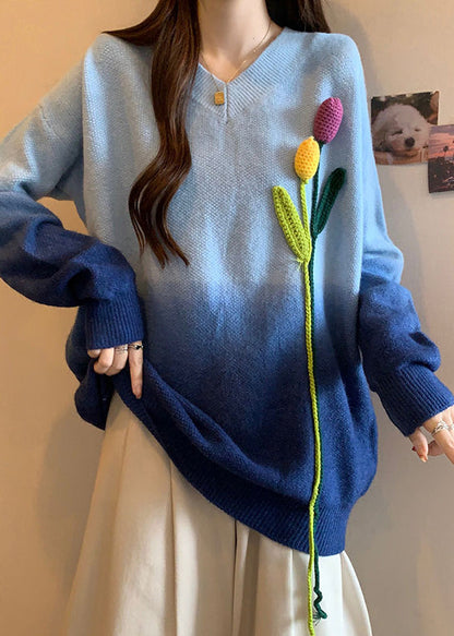 French Blue Gradient V Neck Decorated Knitted Sweaters Winter Rg037