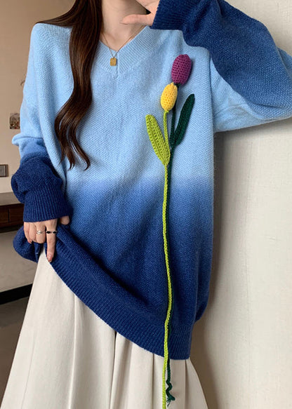 French Blue Gradient V Neck Decorated Knitted Sweaters Winter Rg037