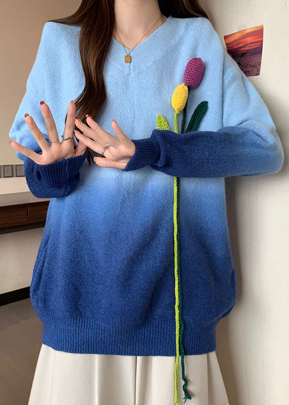 French Blue Gradient V Neck Decorated Knitted Sweaters Winter Rg037