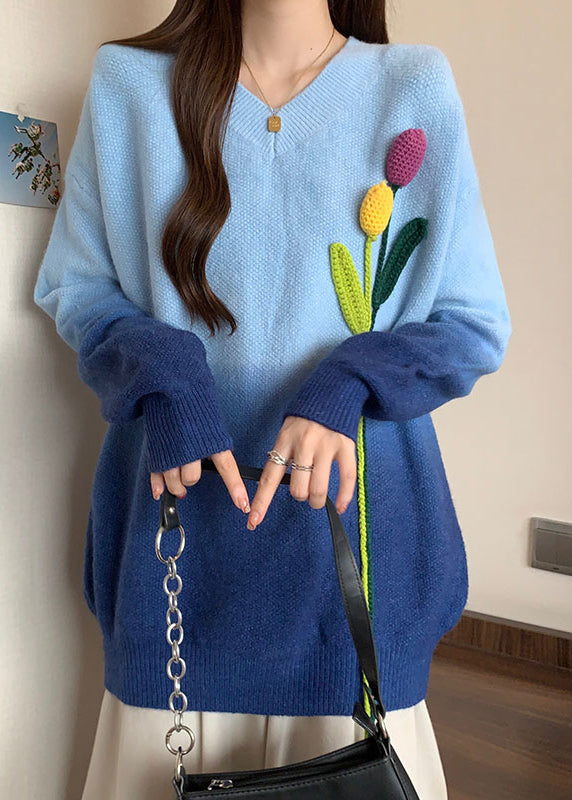 French Blue Gradient V Neck Decorated Knitted Sweaters Winter Rg037