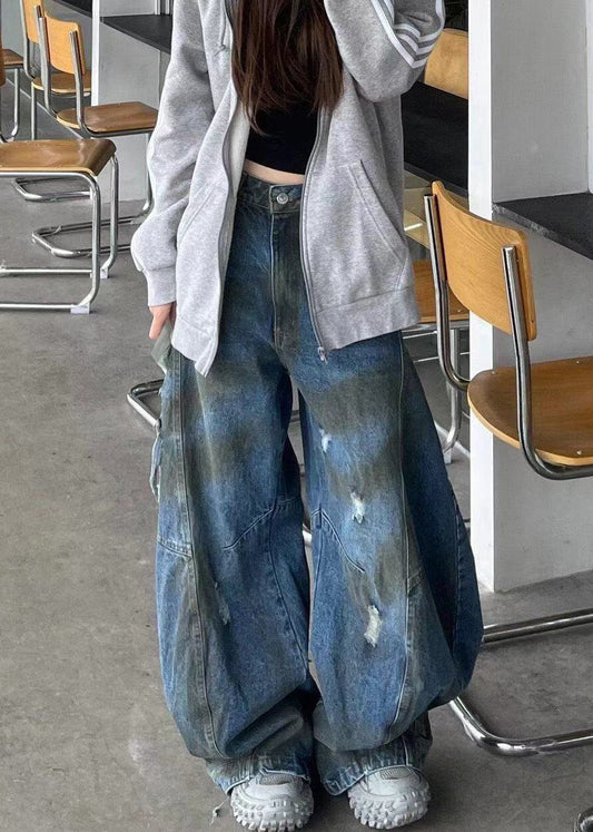 French Blue Hole High Waist Denim Pants Fall Aw1016