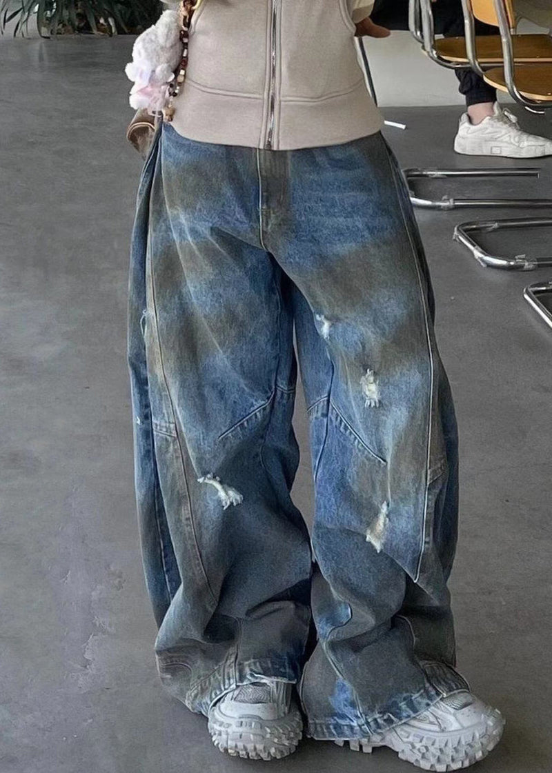 French Blue Hole High Waist Denim Pants Fall Aw1016