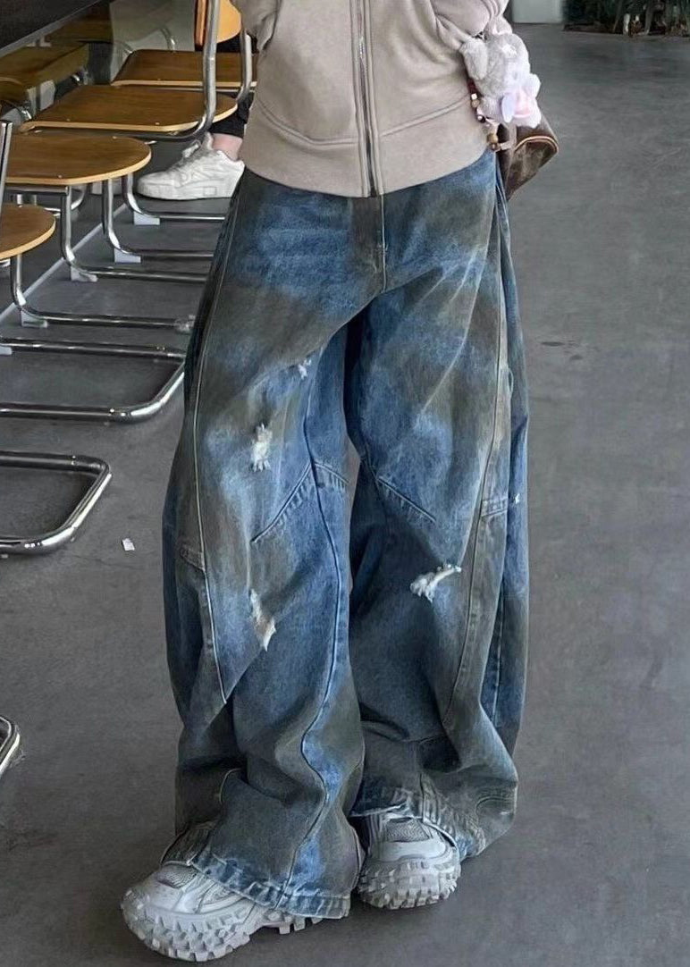 French Blue Hole High Waist Denim Pants Fall Aw1016