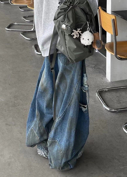 French Blue Hole High Waist Denim Pants Fall Aw1016