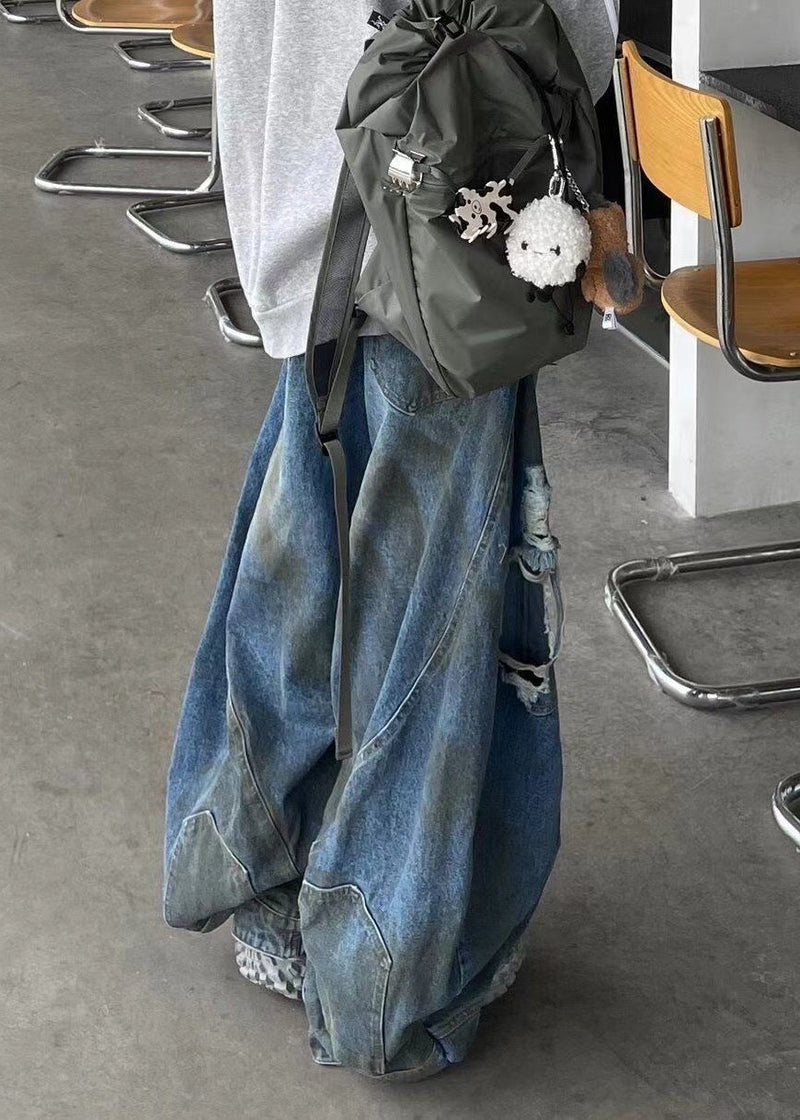 French Blue Hole High Waist Denim Pants Fall Aw1016