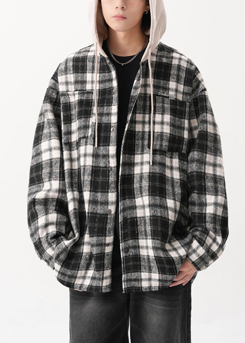 Cotton Button Hooded Blue French Coats Plaid Spring