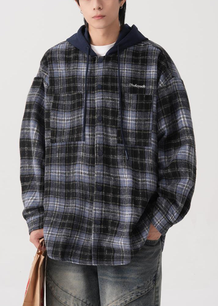 Cotton Button Hooded Blue French Coats Plaid Spring
