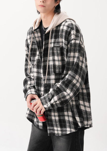 Cotton Button Hooded Blue French Coats Plaid Spring
