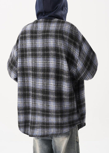 Cotton Button Hooded Blue French Coats Plaid Spring