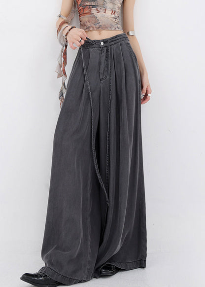 Pants Wide Denim Pockets Lace Up Spring Blue Leg French