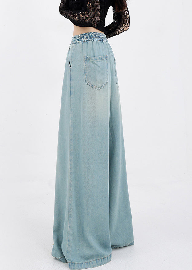 Pants Wide Denim Pockets Lace Up Spring Blue Leg French