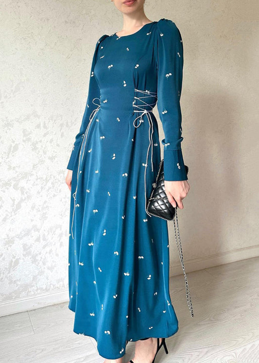 French Blue Lace Up Print Cotton Long Dresses Fall Wo047