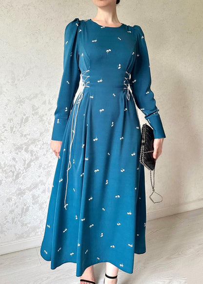 French Blue Lace Up Print Cotton Long Dresses Fall Wo047