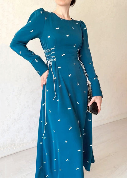 French Blue Lace Up Print Cotton Long Dresses Fall Wo047