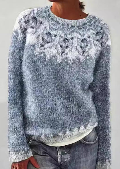 French Blue O Neck Patchwork Knit Sweaters Fall Qa011